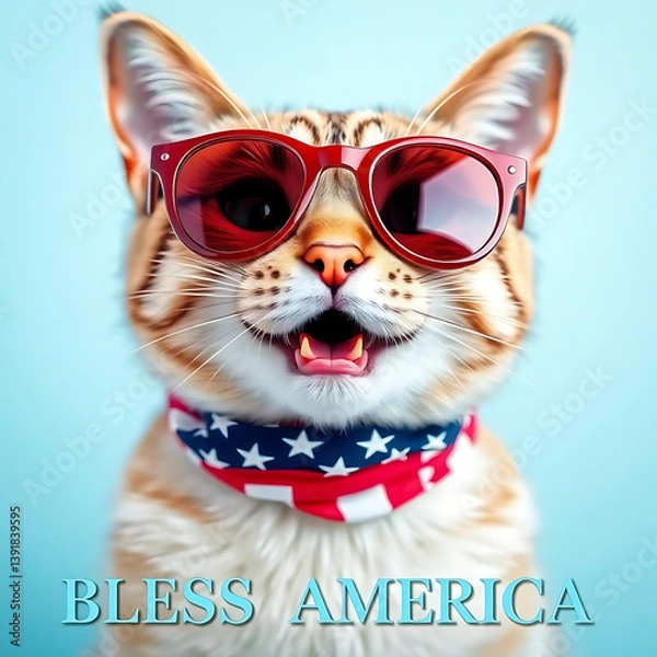 Fototapeta  Fourth of July cat with American flag accessories and Bless America' message Created by Generative AI