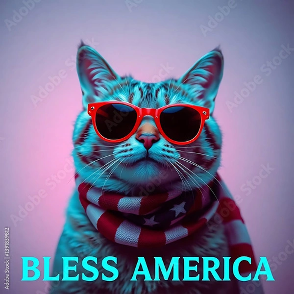 Fototapeta  Fourth of July cat with American flag accessories and Bless America' message Created by Generative AI