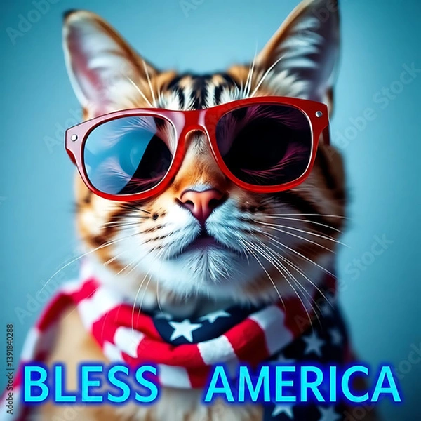Fototapeta  Fourth of July cat with American flag accessories and Bless America' message Created by Generative AI