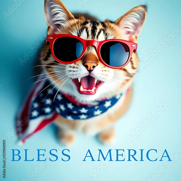 Fototapeta  Fourth of July cat with American flag accessories and Bless America' message Created by Generative AI
