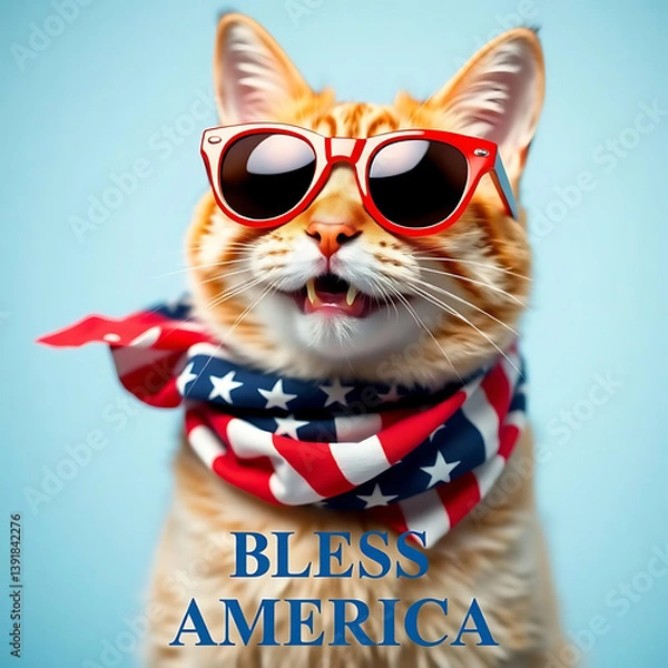 Fototapeta  Fourth of July cat with American flag accessories and Bless America' message Created by Generative AI