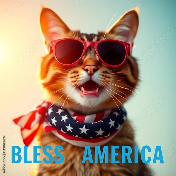 Fototapeta  Fourth of July cat with American flag accessories and Bless America' message Created by Generative AI