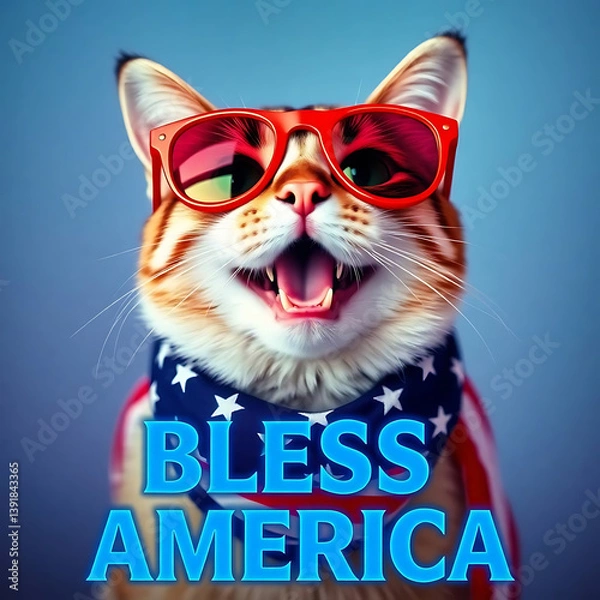 Fototapeta Fourth of July cat with American flag accessories and Bless America' message Created by Generative AI