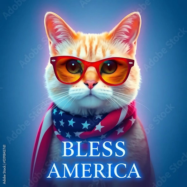 Fototapeta Fourth of July cat with American flag accessories and Bless America' message Created by Generative AI