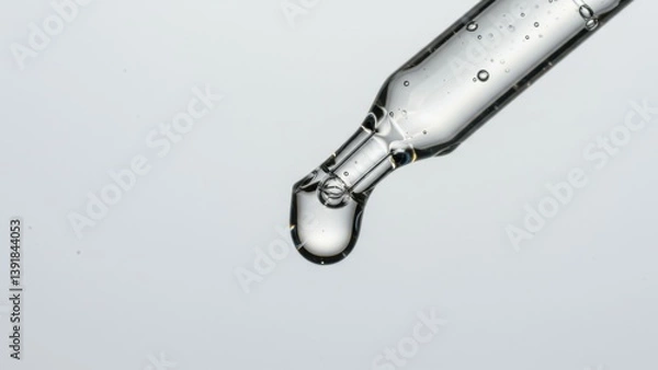 Fototapeta Close up of a clear liquid droplet falling from the end of a glass dropper.