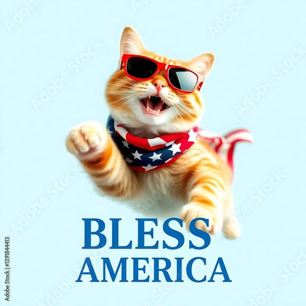Fototapeta Fourth of July cat with American flag accessories and Bless America' message Created by Generative AI