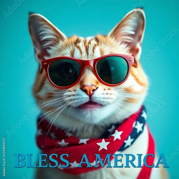 Fototapeta Fourth of July cat with American flag accessories and Bless America' message Created by Generative AI