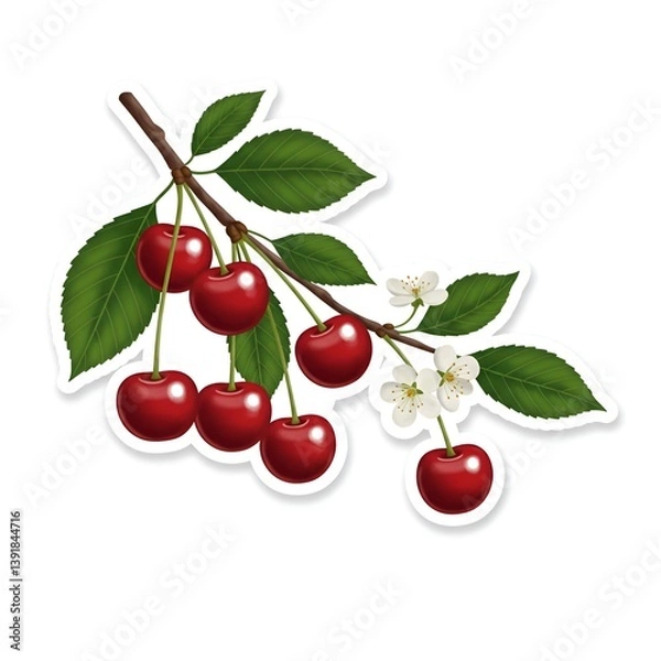 Obraz Cherry tree branch with ripe berries and blossoms