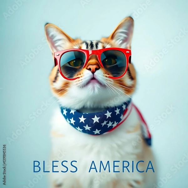 Fototapeta Fourth of July cat with American flag accessories and Bless America' message Created by Generative AI
