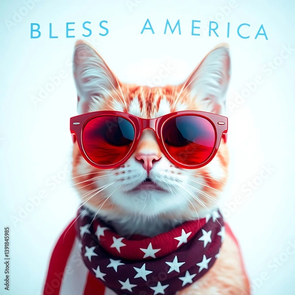 Fototapeta Fourth of July cat with American flag accessories and Bless America' message Created by Generative AI