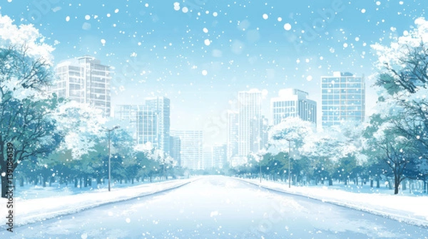 Obraz serene winter cityscape with snow covered trees, buildings, and clear road under snowy sky