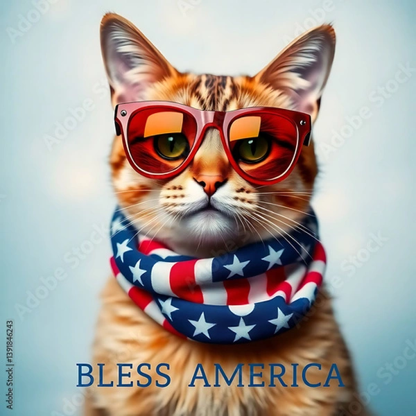 Fototapeta Fourth of July cat with American flag accessories and Bless America' message Created by Generative AI