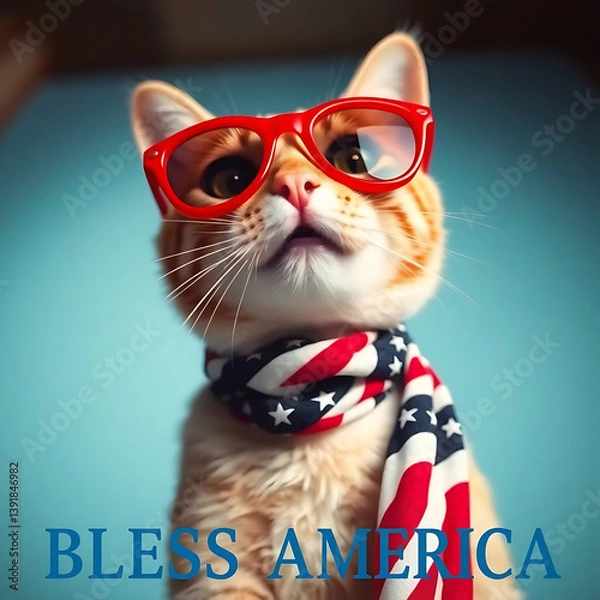 Fototapeta Fourth of July cat with American flag accessories and Bless America' message Created by Generative AI