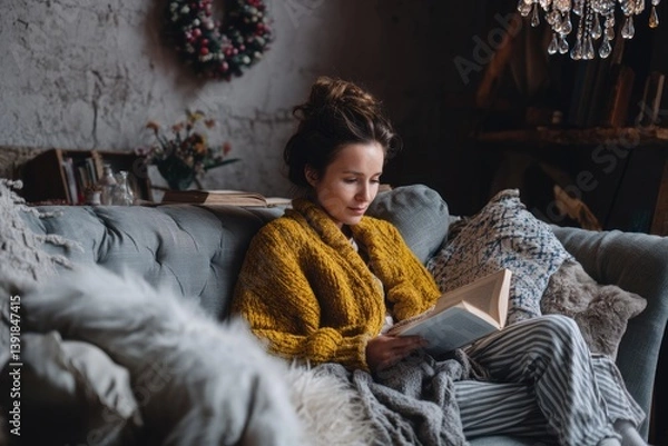 Obraz Woman Relaxing in Winter Mood Reading a Book Indoors. Generative AI.