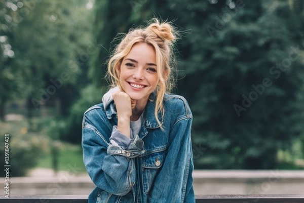 Obraz Joyful Blonde Woman Smiling in Park Wearing a Denim Jacket. Generative AI.