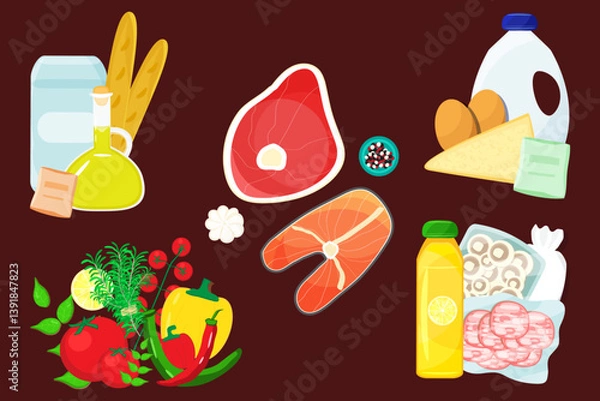 Obraz Groups of food and drink groceries products laying on the wooden background, meat and fish, dairy with eggs, vegetables, snacks and bakery. Healthy eating concept.