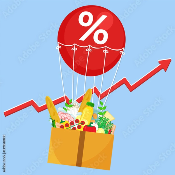 Obraz Vector illustration box with grocery flying on red air balloon with percent sign on blue background with red arrow inflation rise. Living cost inflation and budget plan.
