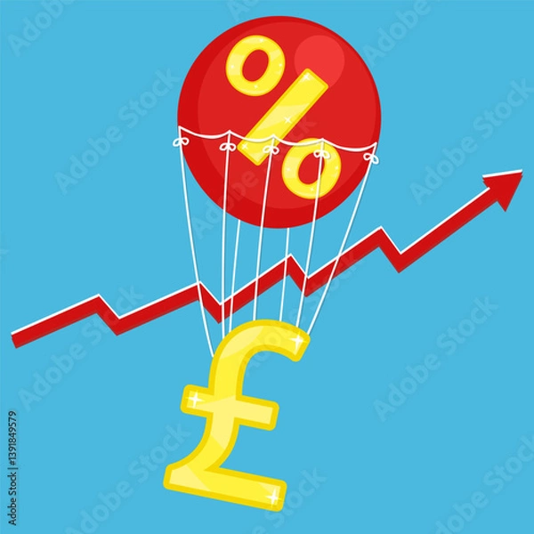 Obraz Vector illustration of pound golden icon flying on red air balloon with percent sign on blue background with red arrow inflation rise. Living cost inflation and budget plan.