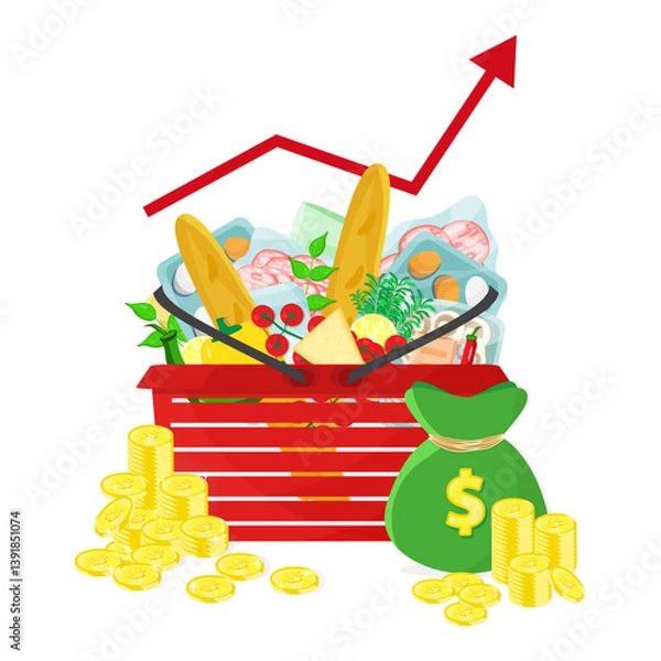 Obraz  Infographic vector illustration basket with grocery products and cash money, coins stacks with red arrow inflation. Living cost inflation and budget planning.