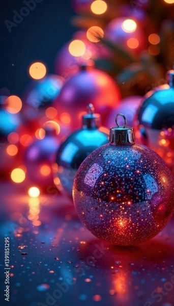 Obraz Iridescent spheres reflecting festive lights in a modern Christmas display , abstract, shimmering