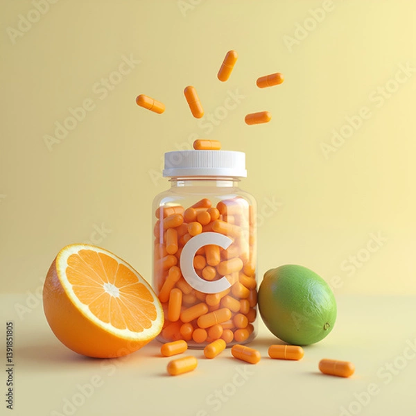 Obraz Illustration. Vitamin C supplements with an orange and a lime on a yellow background