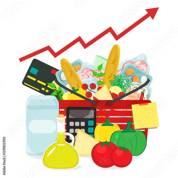 Obraz Infographic vector illustration basket with grocery products, calculator and credit card, money cash with coins stacks and arrow. Living cost inflation and budget planning.