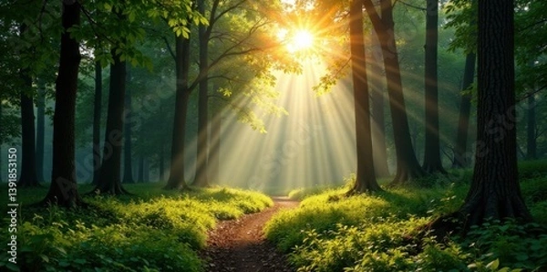Fototapeta Panorama of forest with sunlight filtering through trees , nature, sunlight, scenery
