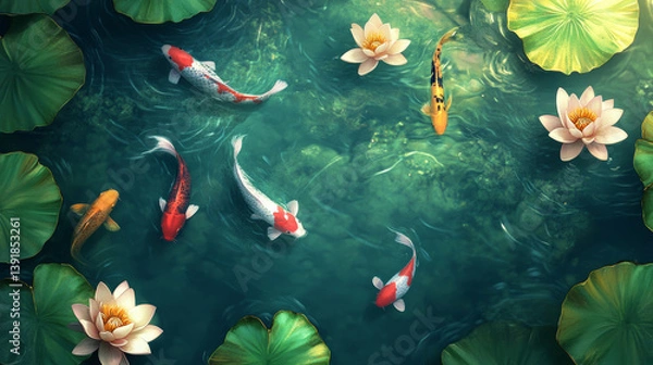 Obraz Graceful koi fish swimming amidst lotus flowers in tranquil pond nature scene aerial view serene environment