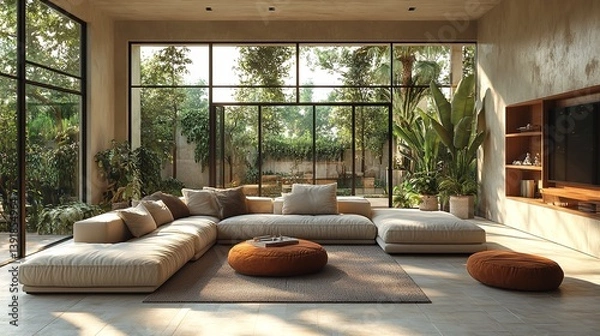 Obraz Modern living room design with garden view sofa and natural light home interior design architecture