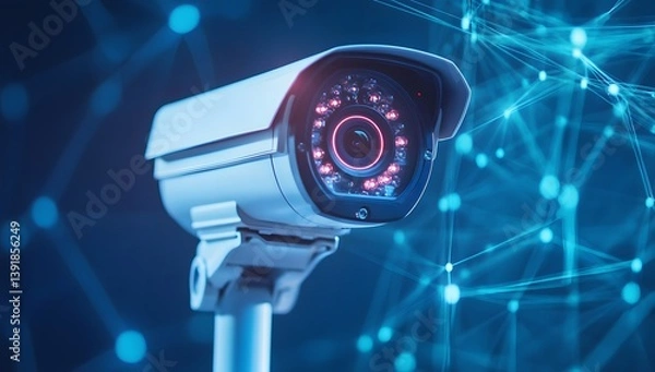 Fototapeta Security camera on pole with blue network background.
