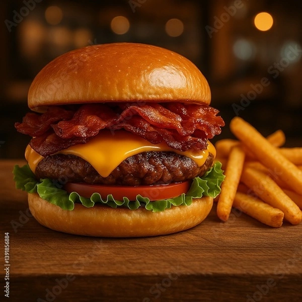 Obraz Premium Cheeseburger with Crispy Bacon, Lettuce, Tomato, and Fries on a Wooden Surface – Realistic Food Photo with Restaurant Ambience