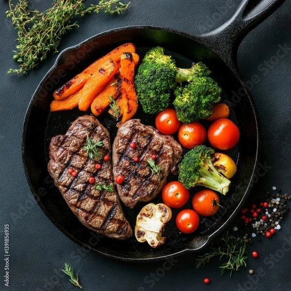 Obraz Overhead View of Grilled Steaks and Roasted Vegetables in a Cast Iron Skillet