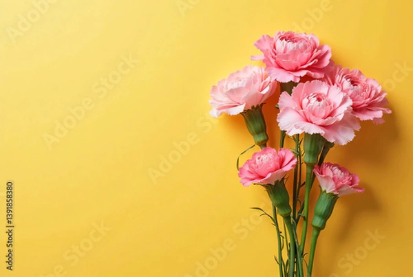 Obraz A bouquet of carnations on a yellow background. Mother's day image. Expressing gratitude.