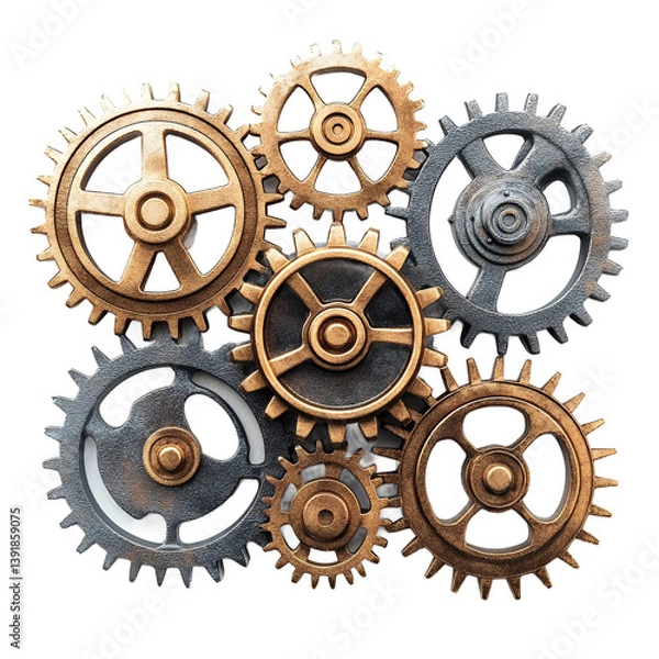 Fototapeta Interlocking Metal Gears Bronze and Silver Cogwheels Mechanical Engineering Concept