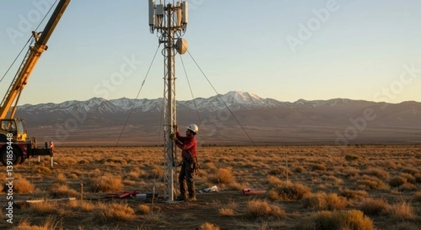 Obraz Technician Installing Cellular Tower in Mountainous Desert Landscape at Sunset
