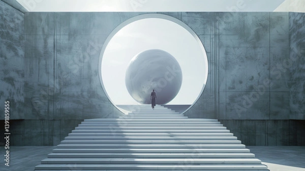 Fototapeta Person standing before a large sphere within a futuristic setting.