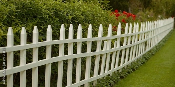 Obraz White balustrade in the garden with green trees and bushes 45875