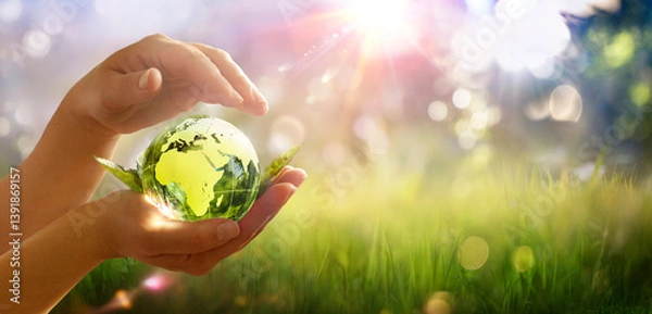 Fototapeta Earth Day - Green Globe In Hands - Environment Protection - Defocused Abstract Background
