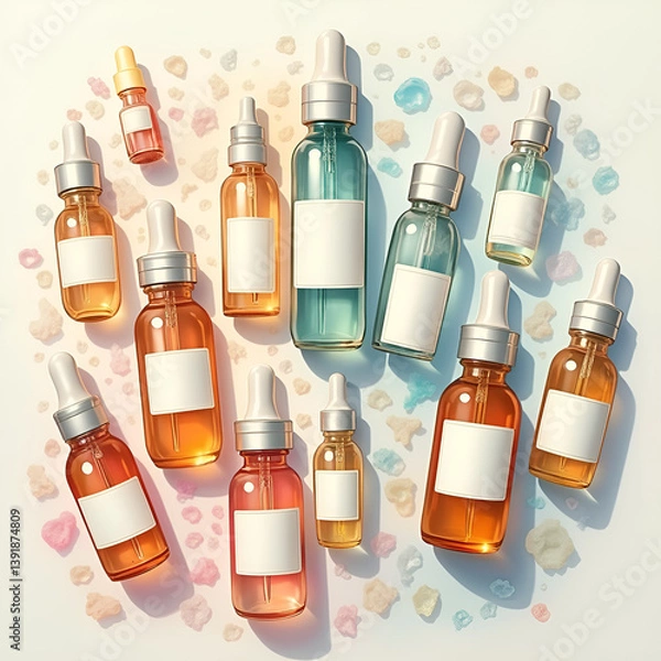 Obraz Top-down flat lay illustration. Various essential oil bottles, skincare serum with blank labels on a light background, multicolored crystals.