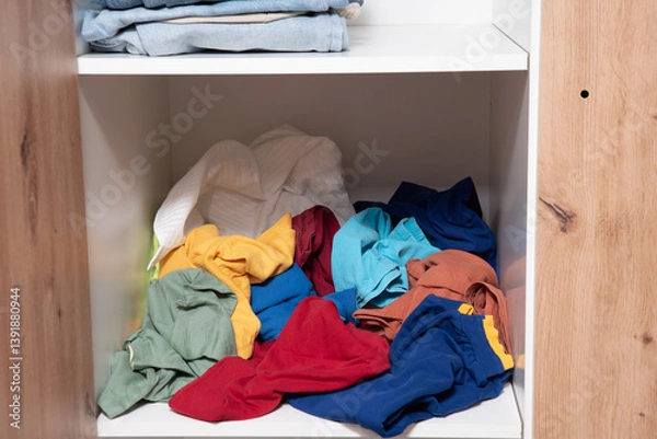 Fototapeta neatly folded clothes lying on the shelves of the wardrobe
