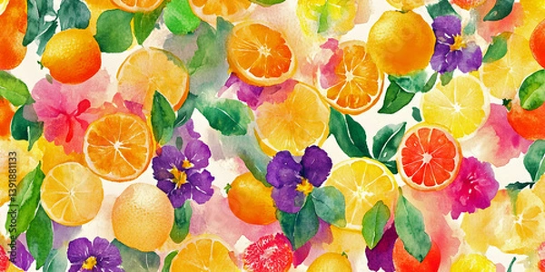 Obraz Watercolor Citrus and Floral Pattern background, ai generated.