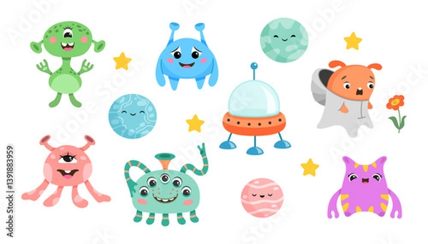 Fototapeta A set of cute abstract cartoon alien characters. A set of different types of colorful monsters. Mascots expressing emotions. Vector children illustration in flat design isolated collection
