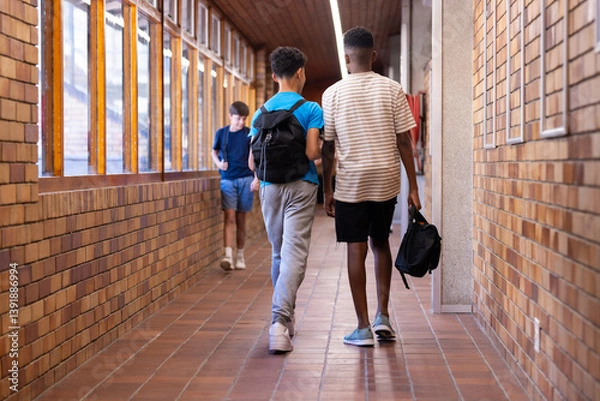 Fototapeta Walking in school hallway, two boys with backpacks heading to class