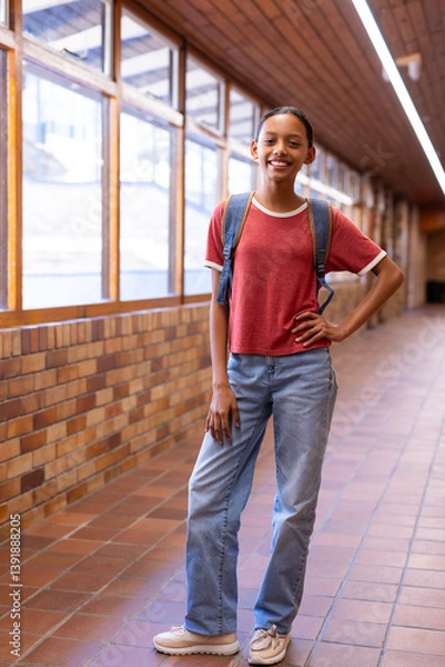 Fototapeta Smiling student with backpack standing in school hallway, posing confidently