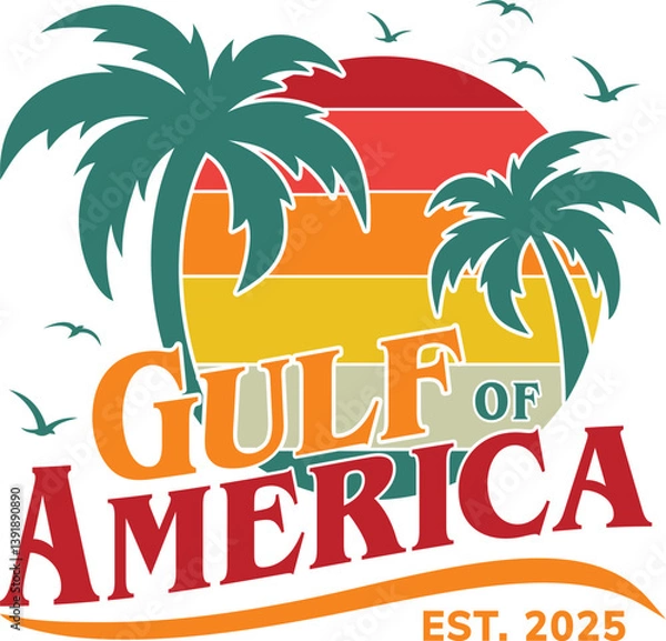 Fototapeta Gulf of America vector illustration, featuring palm trees and a vibrant sunset. Perfect for Adobe Illustrator projects, capturing tropical acest. 2025.