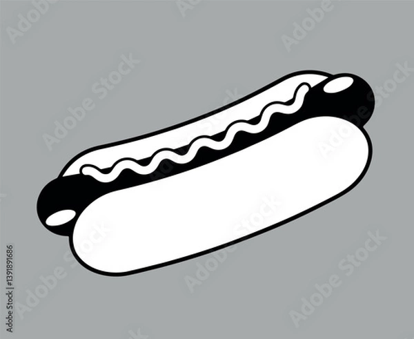 Fototapeta Minimalist Hot Dog Illustration on Gray Background. A simple black and white vector illustration of a hot dog with sauce on a gray background.