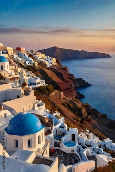 Fototapeta A blue and white building with a blue dome sits on a hill overlooking the ocean