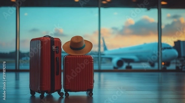 Obraz Traveling adventure luggage and hat at airport sunset view tranquil atmosphere