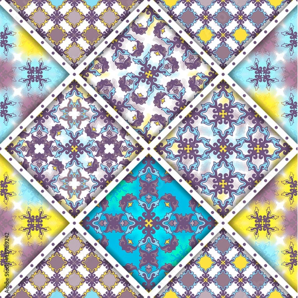 Fototapeta Vector abstract seamless patchwork pattern. Arabic tile texture with geometric and floral ornaments, stylized flowers, dots and lace. Vintage vector card.