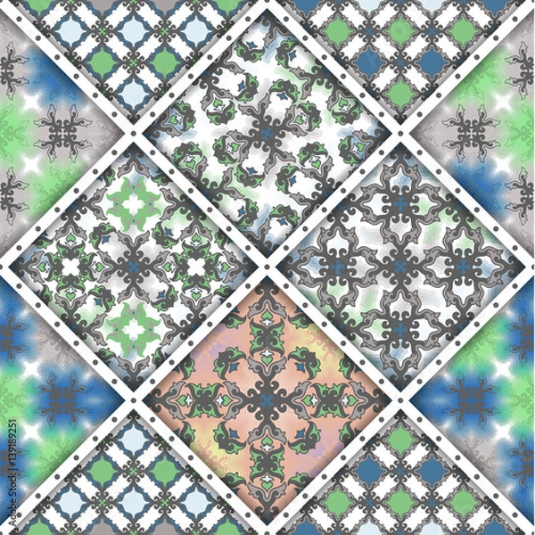 Fototapeta Vector abstract seamless patchwork pattern. Arabic tile texture with geometric and floral ornaments, stylized flowers, dots and lace. Vintage vector card.